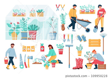 Garden work. Gardening equipment. Agriculture workers. Woman planting trees and watering seeds. Man digging grounds. Flowers cultivation in greenhouse. Seedlings in pots. Vector farming elements set Garden work. Gardening equipment. Agriculture workers. Woman planting trees and watering seeds. Man digging grounds. Flowers cultivation in greenhouse. Seedlings in pots. Vector farming elements set 109958228