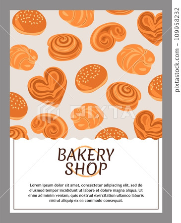 Bakery banner. Sweet pastry. Sesame bun and cinnamon pie. Bread shop. Vertical banner with copy space. Menu cover design. Frame background. Delicious flour products. Drawing food. Vector illustration 109958232