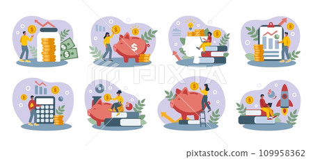 Financial education. Economy literacy. Money investment. Scholarship icons of loan. Business students course. Costs analysis arrow. Profit growth. Cash coins saving. Vector finance tidy concepts set Financial education. Economy literacy. Money investment. Scholarship icons of loan. Business students course. Costs analysis arrow. Profit growth. Cash coins saving. Vector finance tidy concepts set 109958362