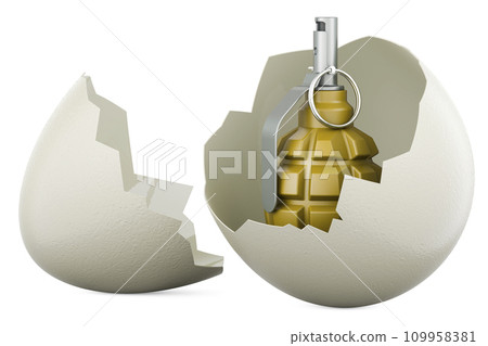 Hand grenade inside broken chicken egg. Hidden threat, concept. 3D rendering 109958381