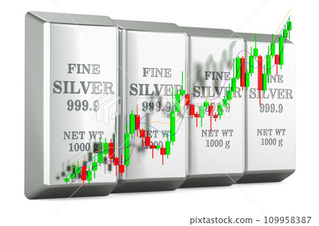 Silver bars with candlestick chart, showing uptrend market. 3D rendering 109958387