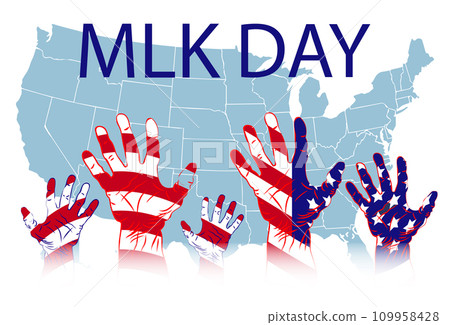 Martin Luther King Jr. Day greeting card design. MLK Day lettering inspirational quote, US flag background Martin Luther King Jr. Day greeting card design. MLK Day lettering inspirational quote, US flag background 109958428