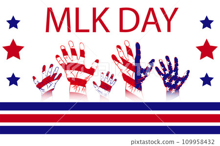Martin Luther King Jr. Day greeting card design. MLK Day lettering inspirational quote, US flag background Martin Luther King Jr. Day greeting card design. MLK Day lettering inspirational quote, US flag background 109958432