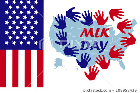Martin Luther King Jr. Day greeting card design. MLK Day lettering inspirational quote, US flag background Martin Luther King Jr. Day greeting card design. MLK Day lettering inspirational quote, US flag background 109958439