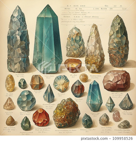 Antique retro book of minerals and gems, geology identification book, drawing engraving style 109958526