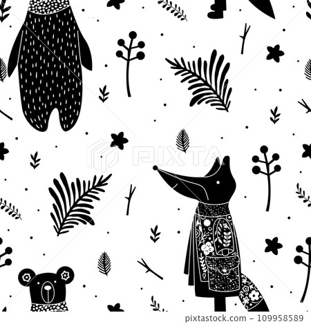 Lovely seamless pattern with cute fox, bear and flowers. Perfect for textile, fabric, print. 109958589
