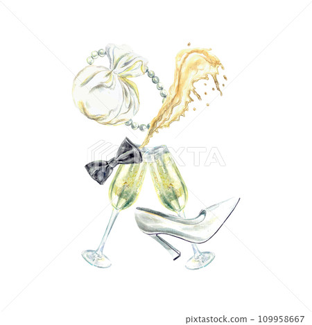 Glasses of champagne, splashes, brides shoe. Watercolor illustration of wedding theme. Wedding invitations, cards, covers, banners, posters, flyers. 109958667