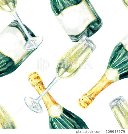 Champagne seamless pattern, watercolor. Illustration for wedding decor. Cards, invitations, banners, engagement day, celebration, festivals, awards. Champagne seamless pattern, watercolor. Illustration for wedding decor. Cards, invitations, banners, engagement day, celebration, festivals, awards. 109958679
