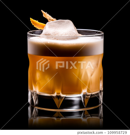Maple Whiskey Sour cocktail garnished with a lemon in rocks glass on white background 109958729