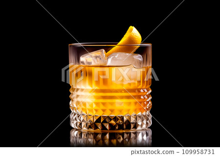 Maple Whiskey Sour cocktail garnished with a lemon in rocks glass on white background Maple Whiskey Sour cocktail garnished with a lemon in rocks glass on white background 109958731