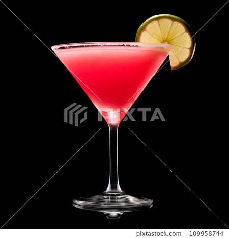 Frozen strawberry daiquiri garnished with slice of lime on a black background. Classic Hemingway cocktail 109958744