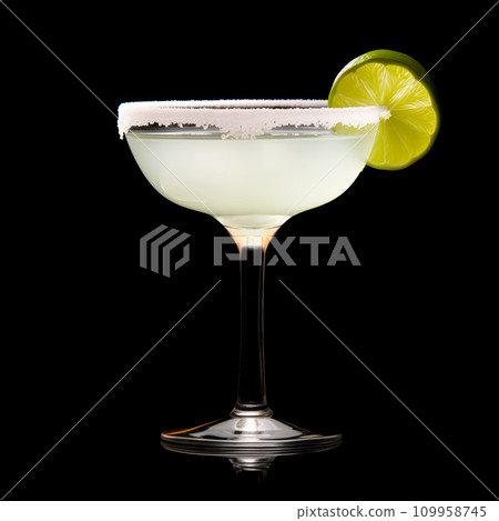 Margarita cocktail in salt-rimmed glass with lime isolated on black background Margarita cocktail in salt-rimmed glass with lime isolated on black background 109958745