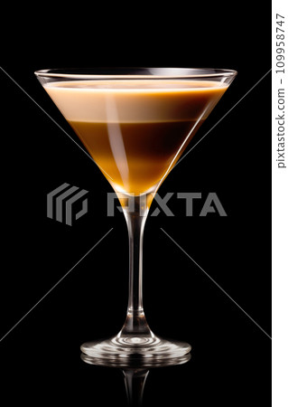 Espresso martini cocktail isolated on black background. Cocktail with with vodka, coffee liqueur, cream and ice 109958747