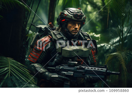 Bioengineered Soldier Patrolling Alien Rainforest Bioengineered Soldier Patrolling Alien Rainforest 109958860