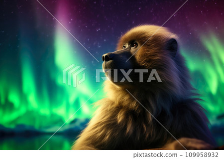 Nocturnal Majesty: Baboon Beneath the Northern Lights Nocturnal Majesty: Baboon Beneath the Northern Lights 109958932