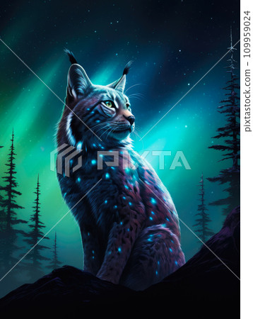 Arctic Majesty: Bobcat Prowling in Aurora Brilliance Arctic Majesty: Bobcat Prowling in Aurora Brilliance 109959024