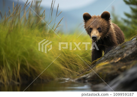 Adventurous Bear Cub Discovering Mountain Grass 109959187