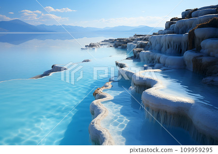 natural beautiful landscape with clear turquoise water in travertine pools, thermal springs on the lake shore 109959295
