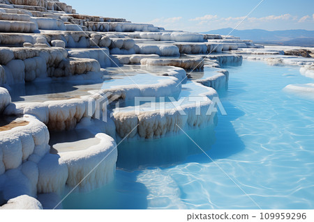 landscape with travertine pools and terraces with blue water landscape with travertine pools and terraces with blue water 109959296