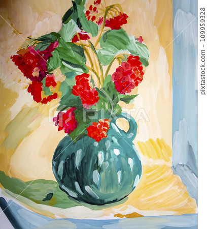 Still life. A painting depicting a still life, a vase with flowers. 109959328