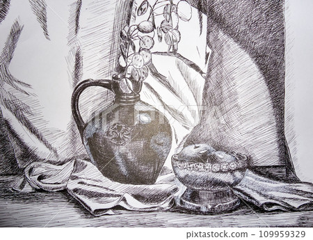 Still life. A painting depicting a still life, a vase, dishes, a bouquet and fruit. 109959329