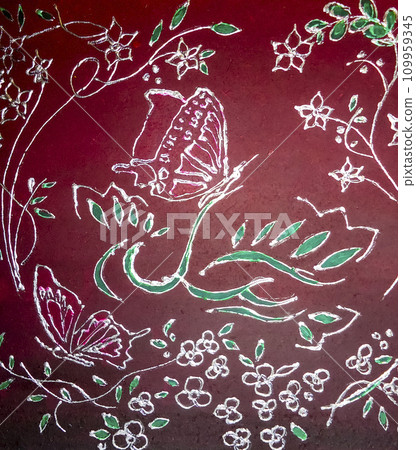 Painted pattern of butterflies and flowers. Red canvas. 109959345