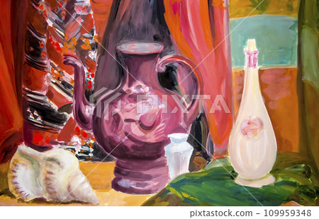 Still life. A painting depicting a still life, a vase, dishes, a bouquet and fruit. Still life. A painting depicting a still life, a vase, dishes, a bouquet and fruit. 109959348