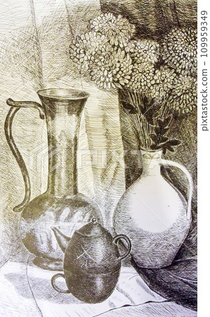 Still life. A painting depicting a still life, a vase with flowers. Still life. A painting depicting a still life, a vase with flowers. 109959349