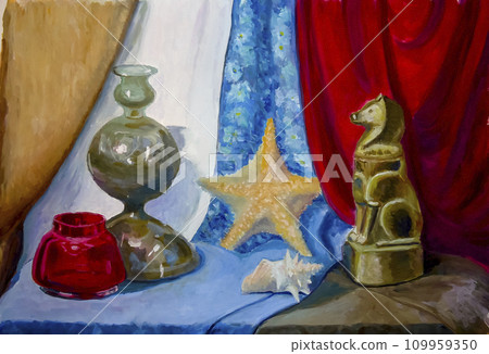 Still life. Picture depicting a still life, a vase And a figurine of a dog. 109959350