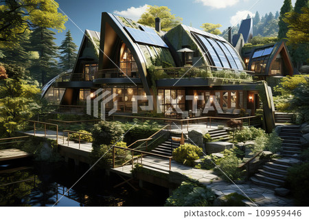 Home ecological architecture aesthetic with solar panels on its roof Home ecological architecture aesthetic with solar panels on its roof 109959446