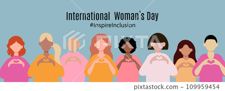 International Women s Day concept holiday. Diverse women with heart-shaped hands stand together. Campaign 2024 inspireinclusion 109959454