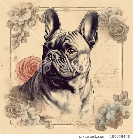 French Bulldog dog, old vintage retro postcard style, close-up portrait, cute pet, creative animal illustration French Bulldog dog, old vintage retro postcard style, close-up portrait, cute pet, creative animal illustration 109959468