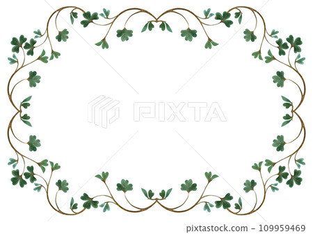Frame of shamrock clover branches. Decoration for St. Patrick's Day. Isolated watercolor illustration on white background. Clipart. Frame of shamrock clover branches. Decoration for St. Patrick's Day. Isolated watercolor illustration on white background. Clipart. 109959469