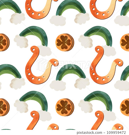 Seamless pattern with symbols of Ireland. Wrapping paper for St. Patrick's Day. Watercolor in vintage style on a white background. Seamless pattern with symbols of Ireland. Wrapping paper for St. Patrick's Day. Watercolor in vintage style on a white background. 109959472