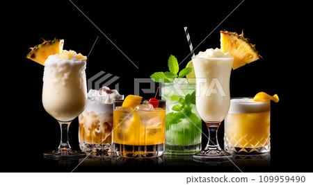 Set and collection of classic alcohol cocktails or mocktail isolated on white background with fresh summer fruits Set and collection of classic alcohol cocktails or mocktail isolated on white background with fresh summer fruits 109959490