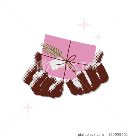 Hands giving gift box. Colorful halftone mixed media style design. Merry Christmas collage paper sticker. Hands giving gift box. Colorful halftone mixed media style design. Merry Christmas collage paper sticker. 109959491