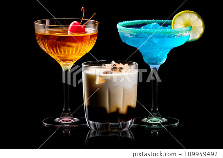 Set and collection of classic alcohol cocktails or mocktail isolated on white background with fresh summer fruits Set and collection of classic alcohol cocktails or mocktail isolated on white background with fresh summer fruits 109959492