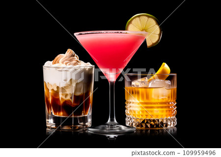 Set and collection of classic alcohol cocktails or mocktail isolated on white background with fresh summer fruits Set and collection of classic alcohol cocktails or mocktail isolated on white background with fresh summer fruits 109959496