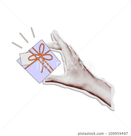 Hand holding gift box. Colorful halftone mixed media style design. Merry Christmas collage paper sticker. Hand holding gift box. Colorful halftone mixed media style design. Merry Christmas collage paper sticker. 109959497