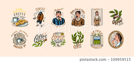 Set of coffee in vintage style. Woman and man with a cup of drink. Vintage badge or logo set for t 109959515
