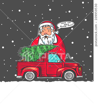Car with a Christmas tree. Spruce in the luggage of the truck. Delivery concept. Vector illustration 109959530