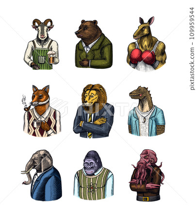 Grizzly Bear, Octopus, t-rex dinosaur, Elephant, Indian cobra snake, Fox with a smoking pipe, lion Grizzly Bear, Octopus, t-rex dinosaur, Elephant, Indian cobra snake, Fox with a smoking pipe, lion 109959544