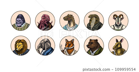 Grizzly Bear, Octopus, t-rex dinosaur, Elephant, Indian cobra snake, Fox with a smoking pipe, lion 109959554