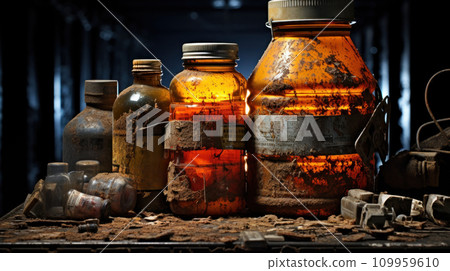 AI-generated content. A group of luminous old bottles and jars sitting on a table, AI 109959610