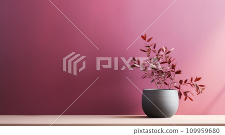 AI-generated content. A vase with a plant in it on the wall next to pink, AI 109959680