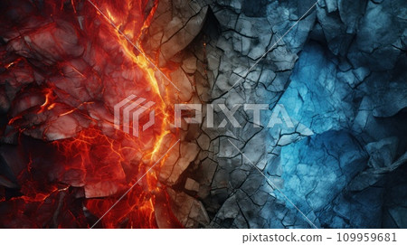 AI-generated content. Two different colors of fire and ice are shown, AI 109959681