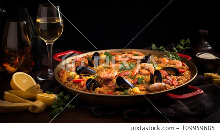 AI-generated content. A pan of seafood and rice with lemon wedges on a table, AI 109959685