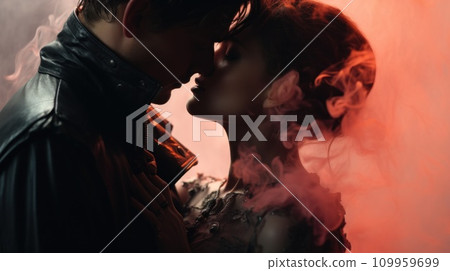AI-generated content. A man and woman kissing each other with smoke in the background, AI 109959699