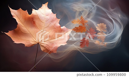 AI-generated content. A leaf is floating in smoke with a dark background, AI 109959800