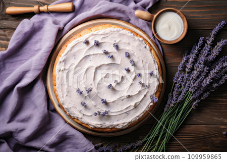 Sponge lavender cream cake with berry cream adorned with a fresh lavender branch on sunny light background. Generative AI 109959865